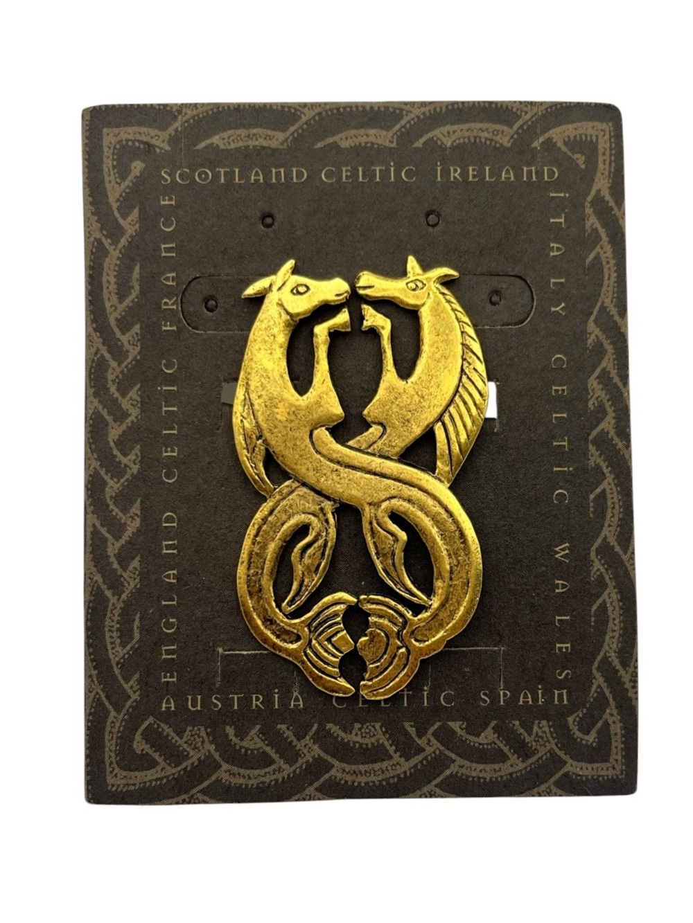 Peggy Yunque 1997 Celtic knotwork dragon sea serpent brooch pin gold tone